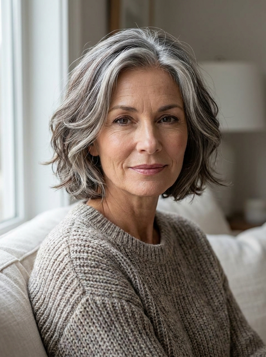 Salt-and-Pepper Layered Bob als Frisuren für kurze Haare ab 50 Inspiration 2026